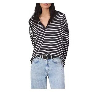 Rag & Bone Womens Striped‎ V-Neck Polo Sweater Black White Long Sleeve Small